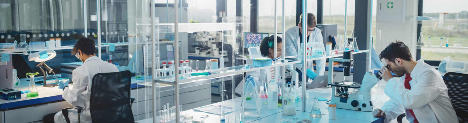 Scientists in a modern laboratory at a bright workbench using microscopes and glassware for experiments, with colleagues in the background.